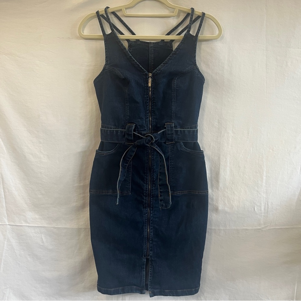 VENUS Dark Blue Denim Zip Front Belted Dress